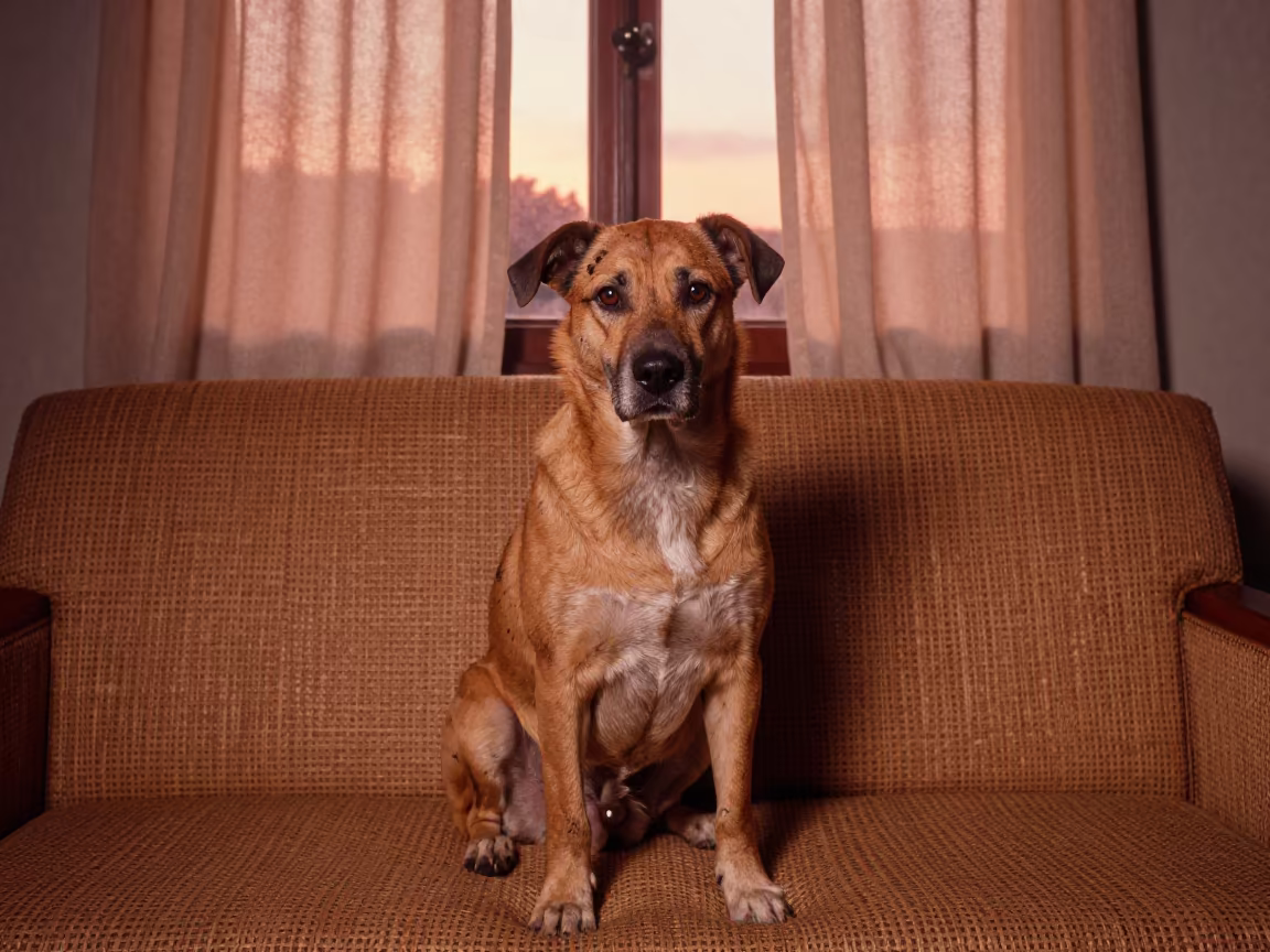 Drentsche Patrijshond Portrait by Window in Taoyuan in on a sofa near a curtained window with calm indoor light in Taoyuan County