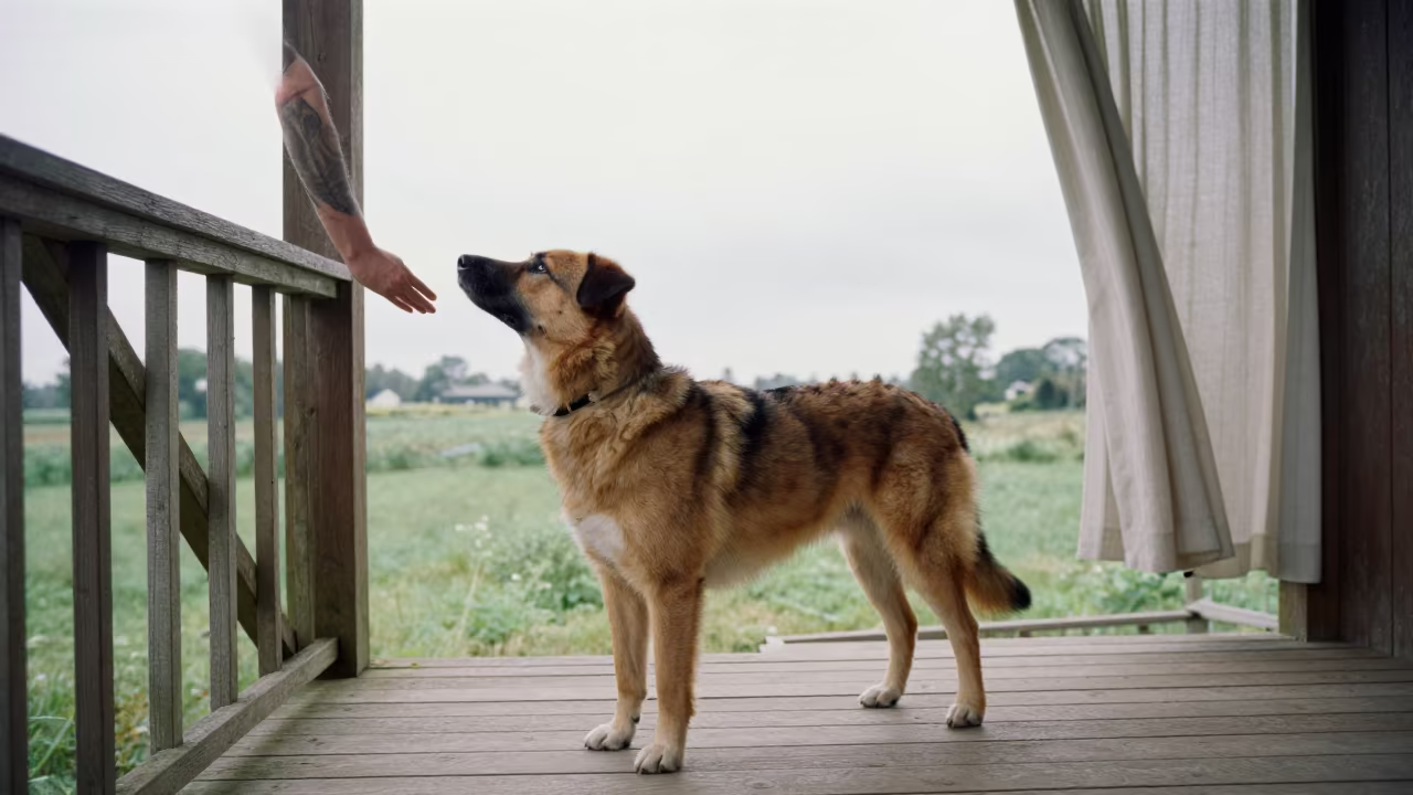 Drentsche Patrijshond Portrait on Wolverhampton Porch in on a shaded front porch with boards, railings, and eye-level framing near Wolverhampton