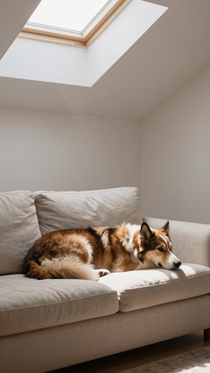 Drentsche Patrijshond Resting on Linen Sofa in Rabat in on a linen sofa with daylight from a nearby window in Rabat