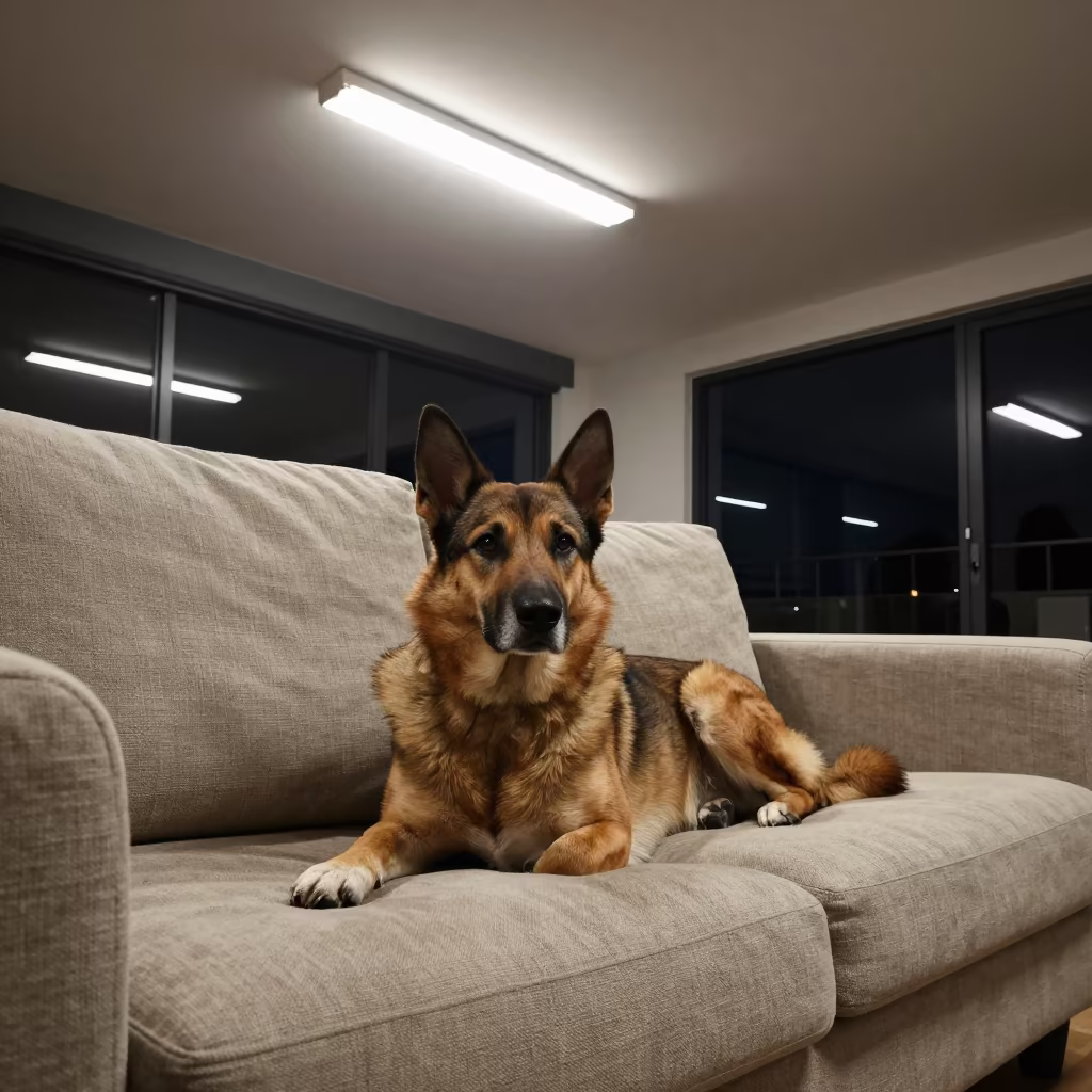 Drentsche Patrijshond Resting on Linen Sofa in on a linen sofa with daylight from a nearby window in Wroclaw