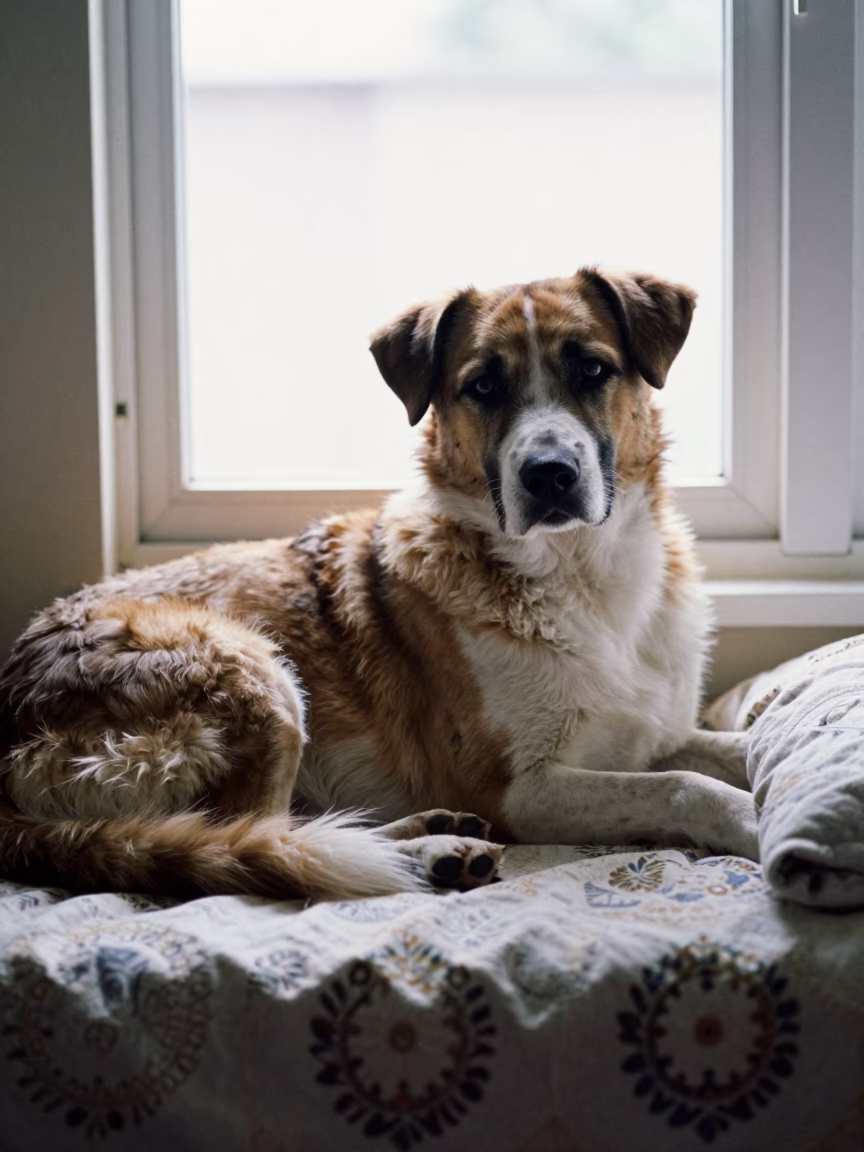 Drentsche Patrijshond Resting on Naha Bedspread in on a bedspread near a bright window with calm indoor light in Naha
