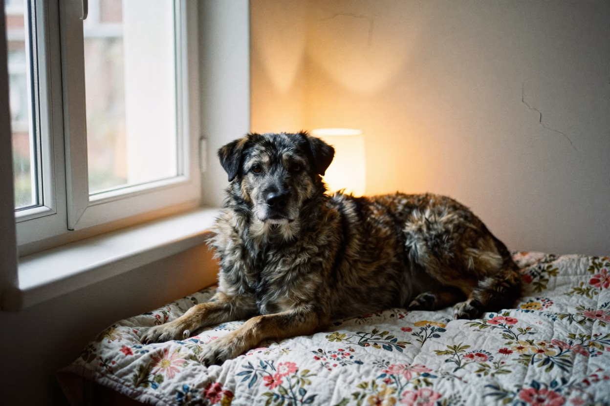 Drentsche Patrijshond Resting on Quilted Bedspread in on a bedspread near a bright window with calm indoor light near Dijon