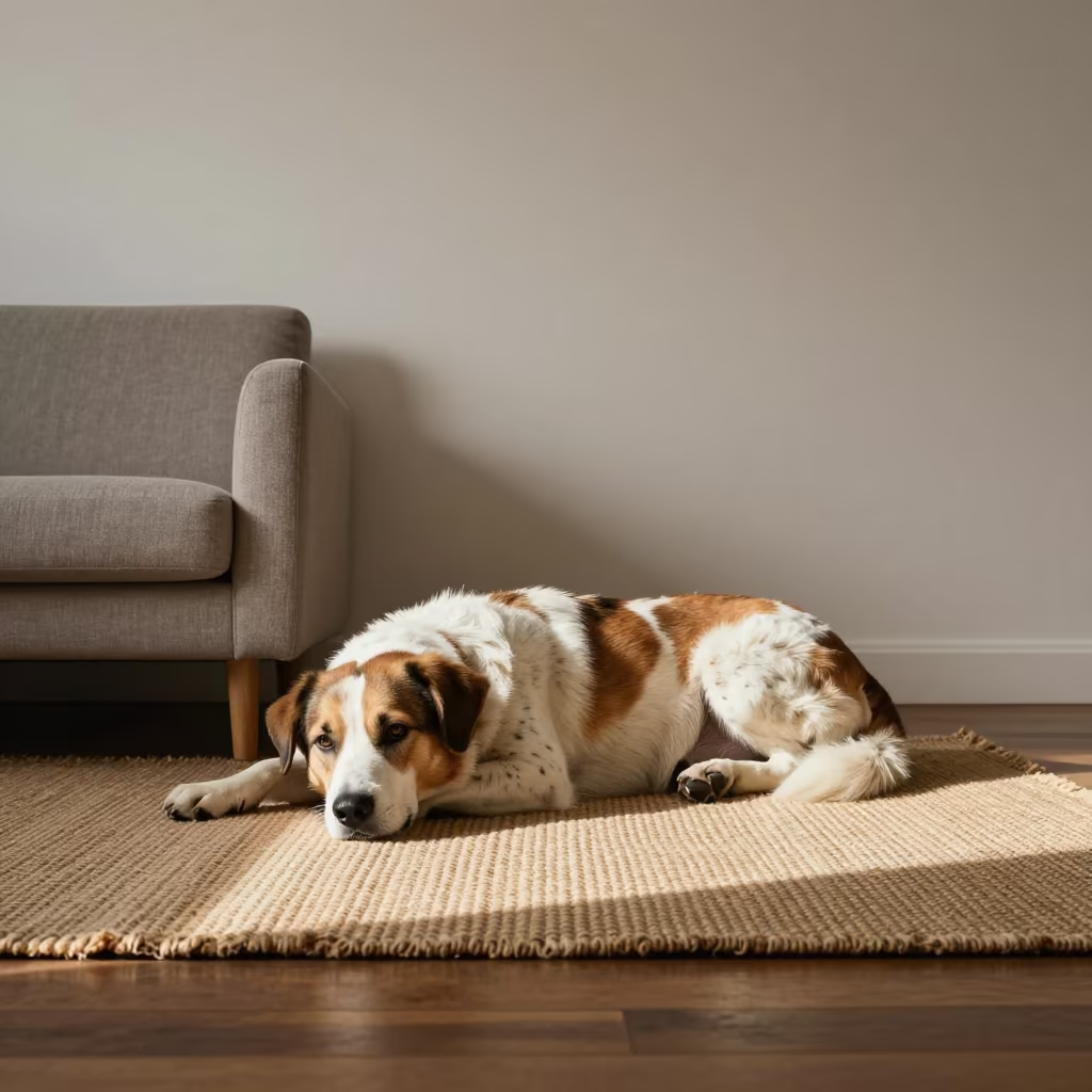 Drentsche Patrijshond Resting on Rug in on a woven rug beside a low couch and an uncluttered wall near Cape Town