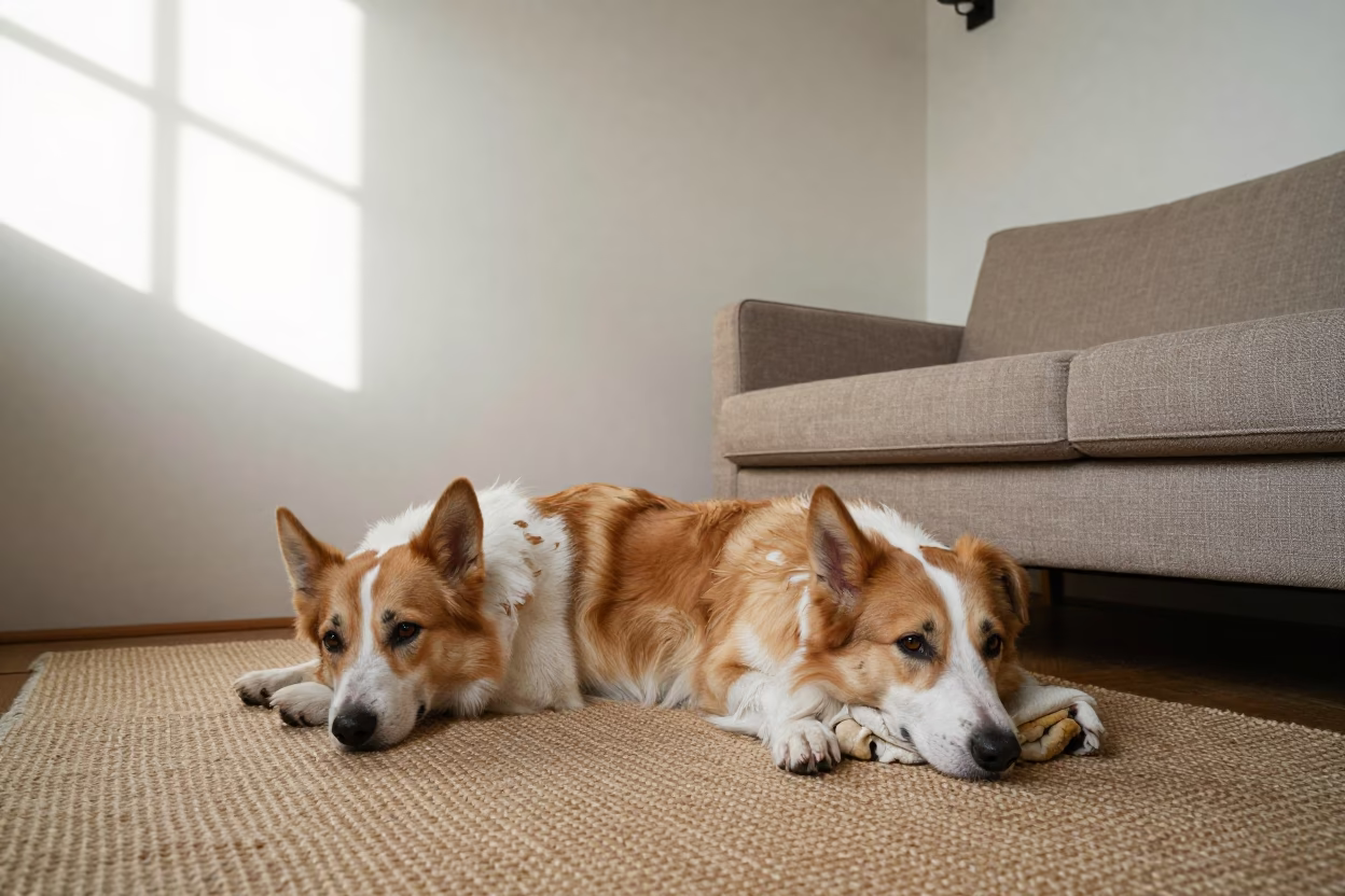 Drentsche Patrijshond Resting on Suzhou Woven Rug in on a woven rug beside a low couch and an uncluttered wall in Suzhou