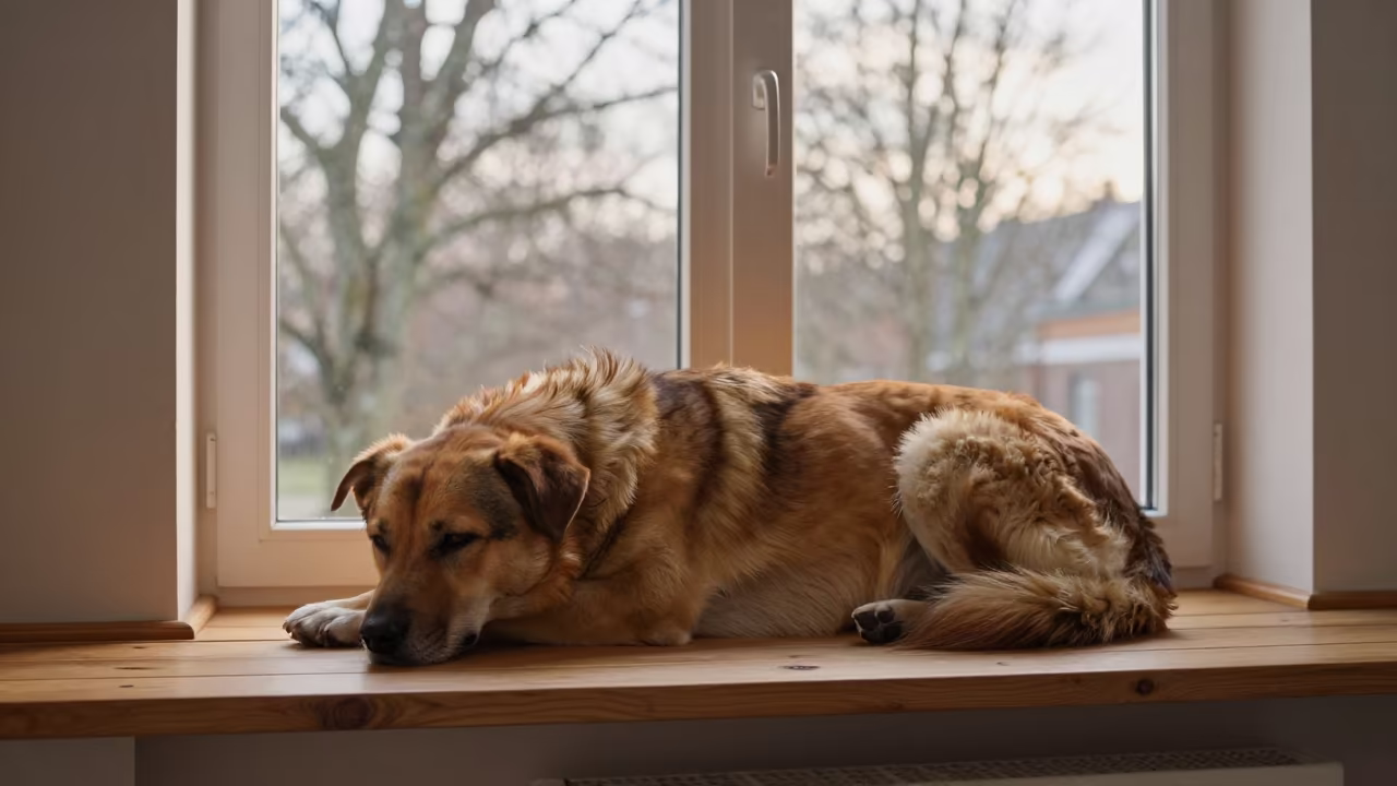 Drentsche Patrijshond Resting on Window Seat in on a window seat in a quiet apartment with soft side light in Abiko