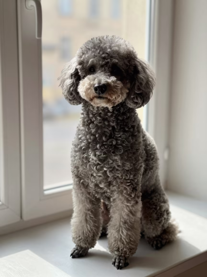 Dresden Poodle Portrait Window Seat in on a cushioned window seat with soft side light and an uncluttered background near Dresden