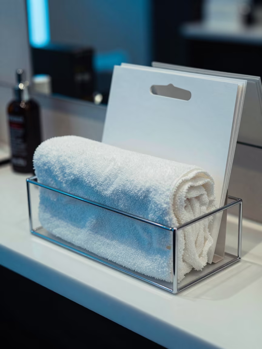 Dresden Salon Shelf Talker with Towels in inside a salon row in Dresden