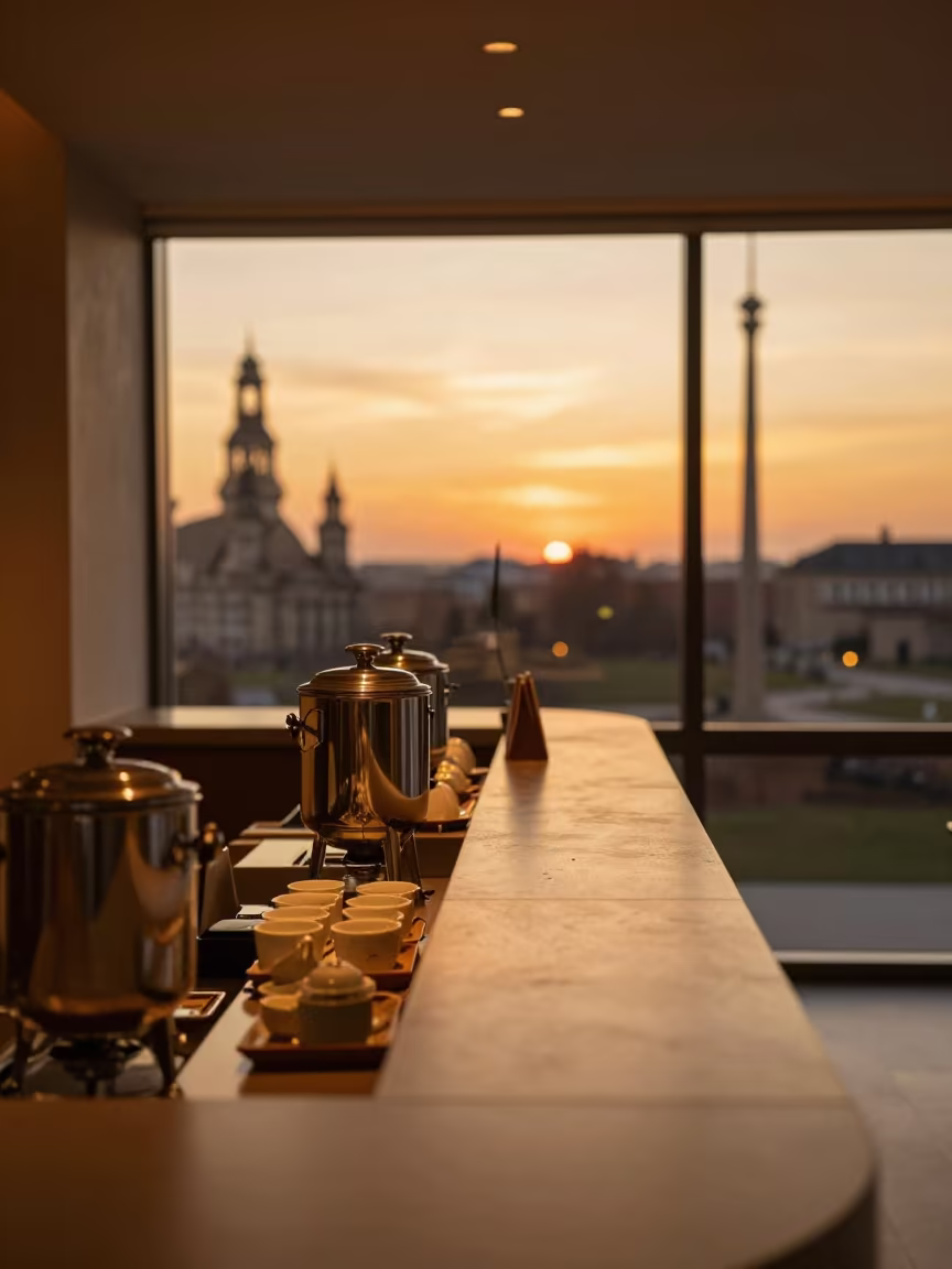 Dresden Spa Tea Counter Amber Sunset Reset in at a reception desk under warm light in Dresden