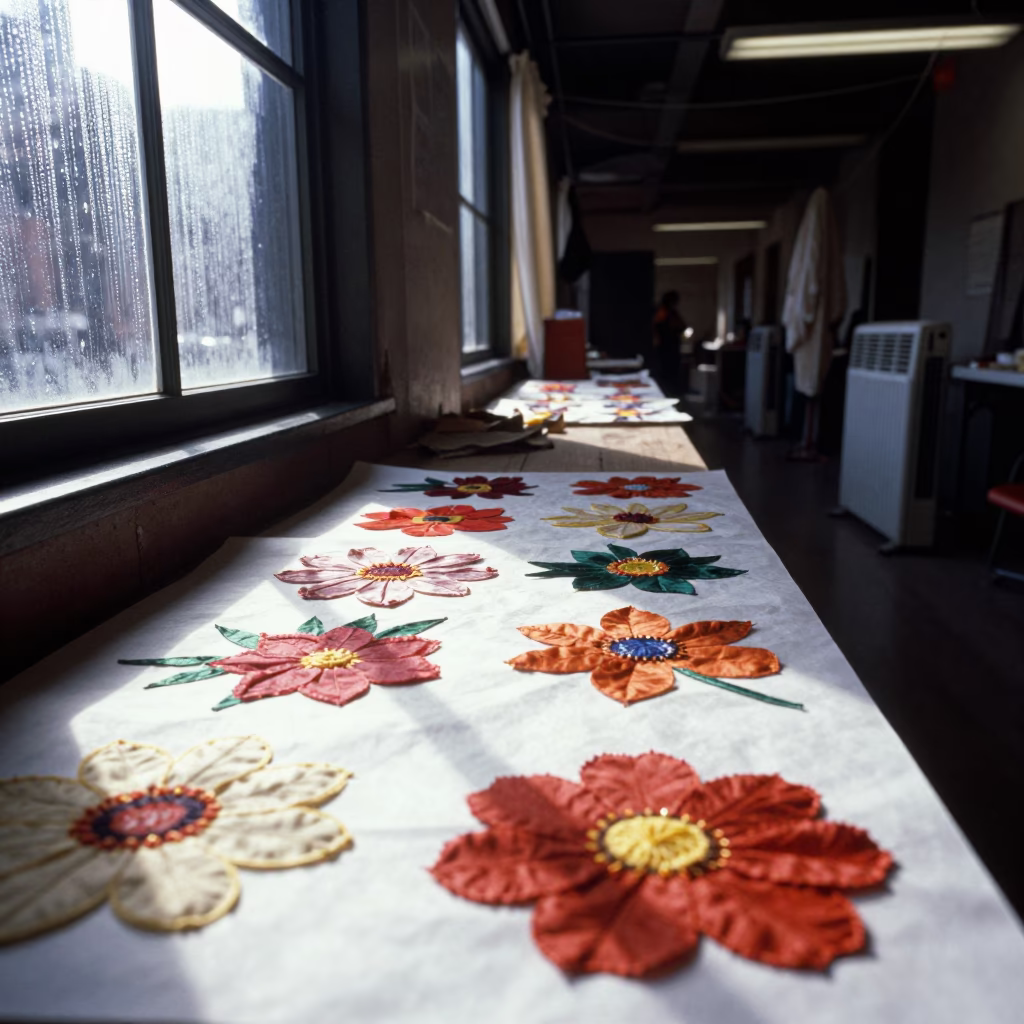 Dress Appliques Drying on Parchment Backstage in in a backstage changing corridor in Rittenhouse, Philadelphia