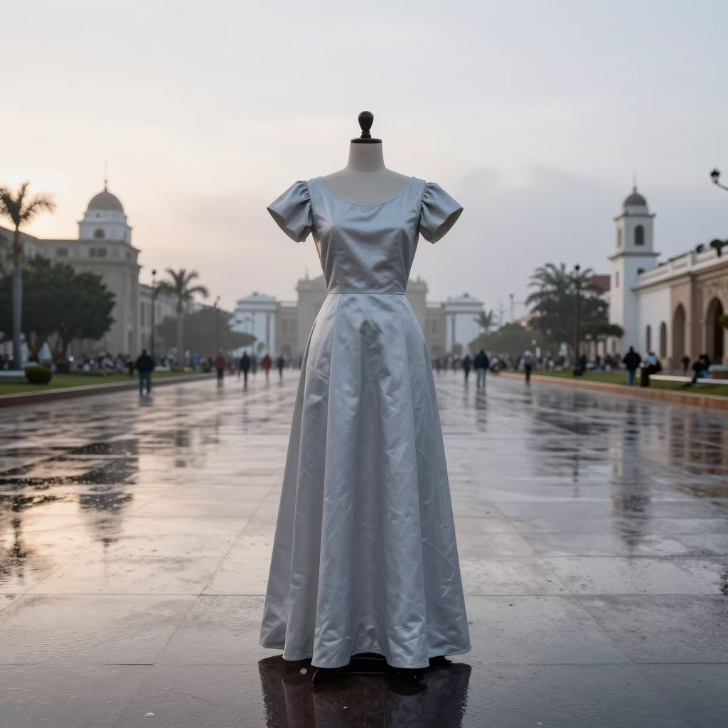 Dress Form Shoulder Sculpture at Tacna Dawn in across a reflective public plaza in Tacna