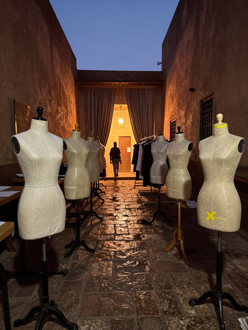 Dress Forms Wrapped in Calico Under Firelight in in a stone lane between old facades in Nouakchott