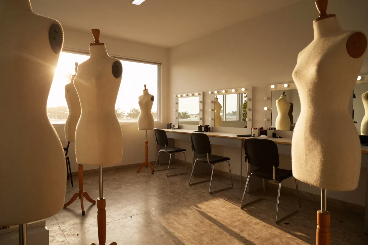 Dress Forms in Paramaribo Golden Hour Light in beside a mirror lined with makeup bulbs in Paramaribo