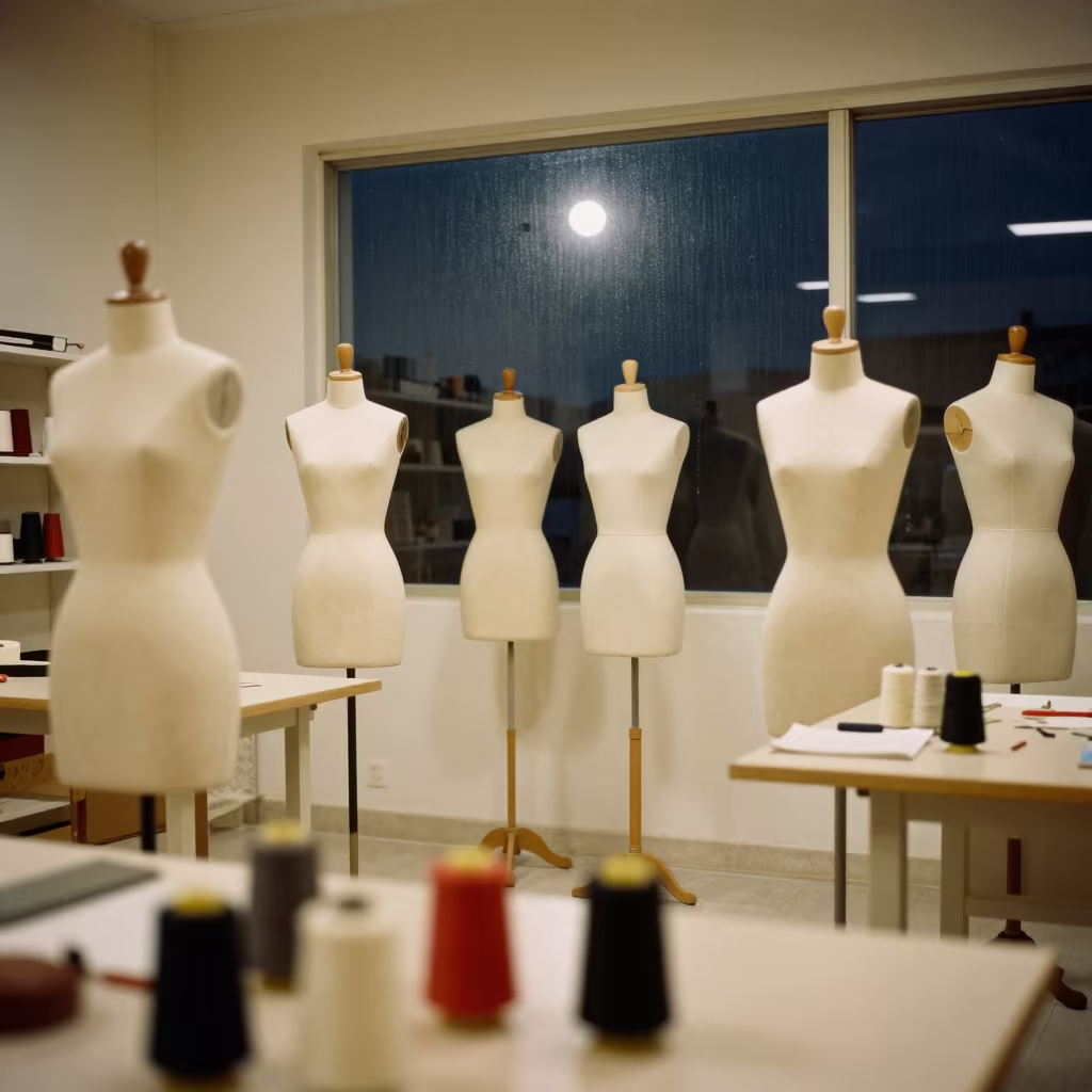 Dress Forms Under Moonlight in Khemisset Showroom in inside a minimalist showroom in Khemisset