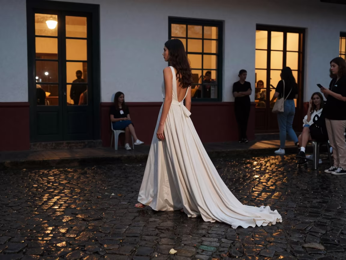 Dress Train on Cobblestones in Totonicapán Rehearsal in under runway rehearsal lights in Totonicapán