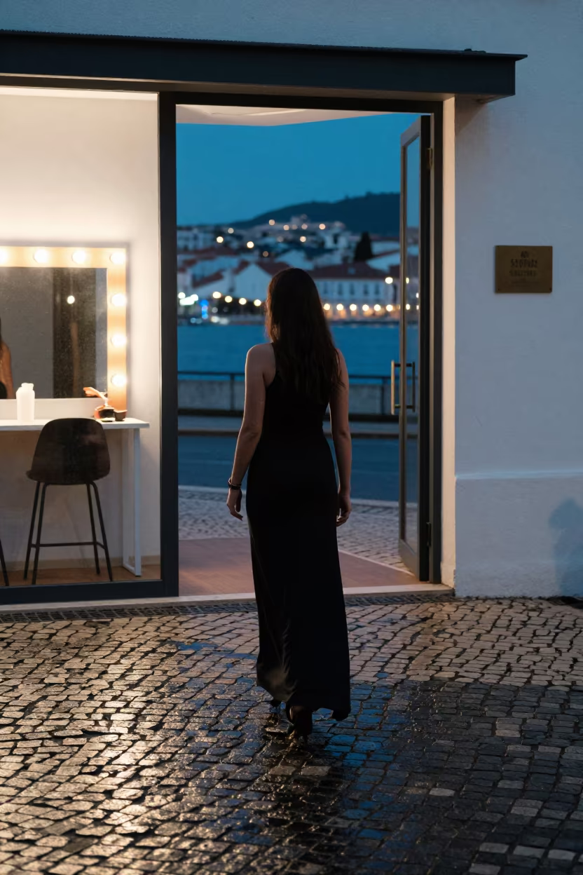 Dress Train on Wet Cobblestones Moçâmedes in beside a mirror lined with makeup bulbs near Moçâmedes