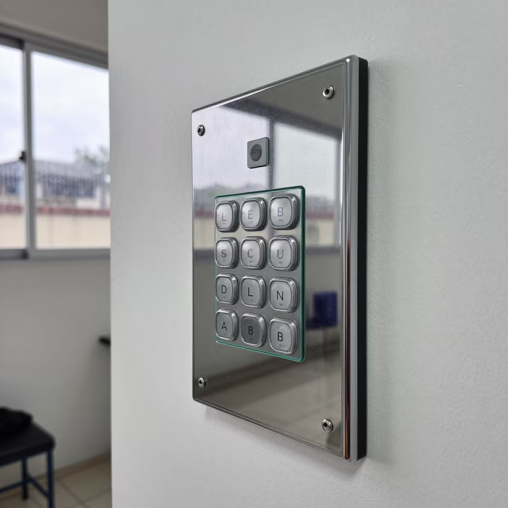 Dressing Room Call Button Panel with Mirrored Reflections in inside a stockroom behind the sales floor in Manaus