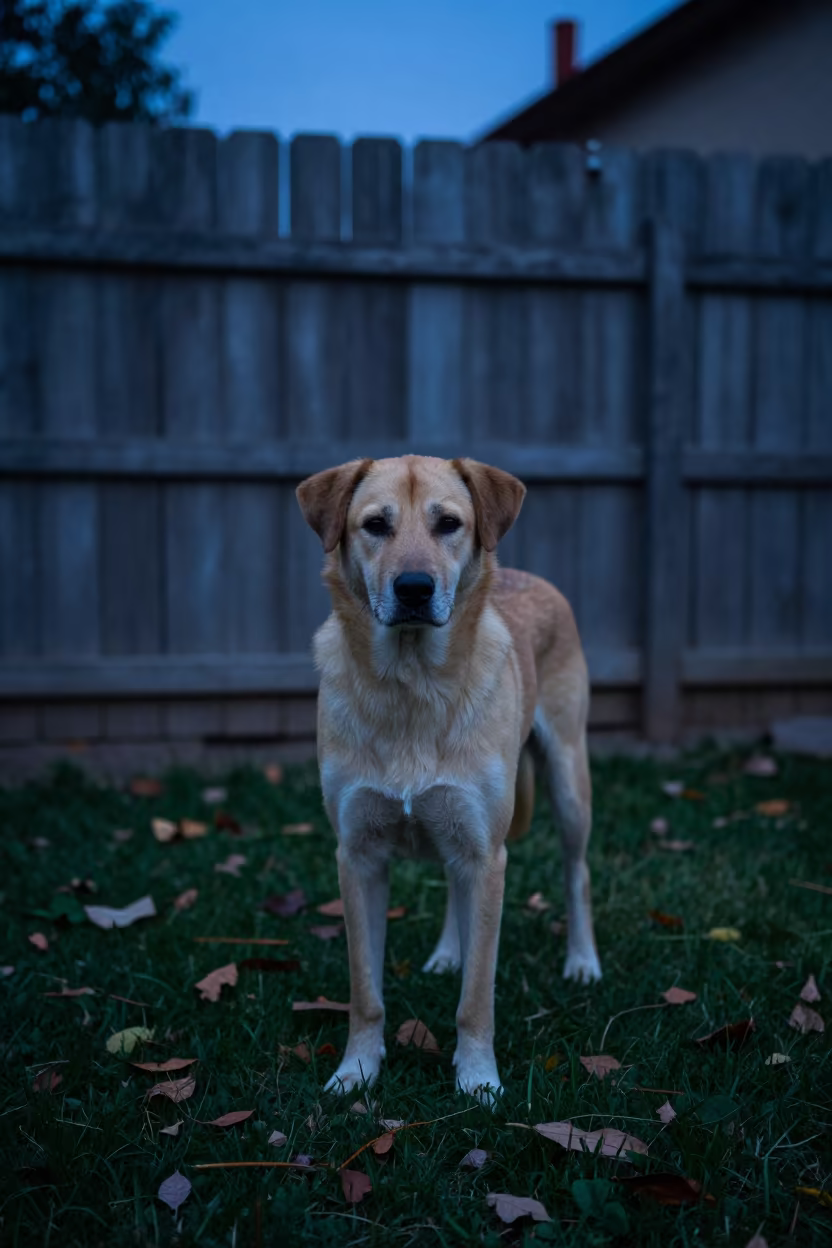 Drever dog in Abbottabad yard twilight in in a small yard with clipped grass, calm light, and the animal centered in frame in Abbottabad