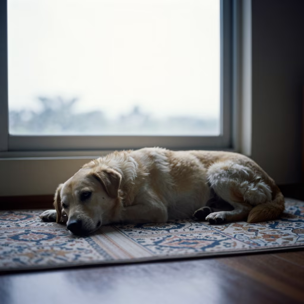 Drever Dog Resting on Bedspread in Recife Morning in on a bedspread near a bright window with calm indoor light in Recife