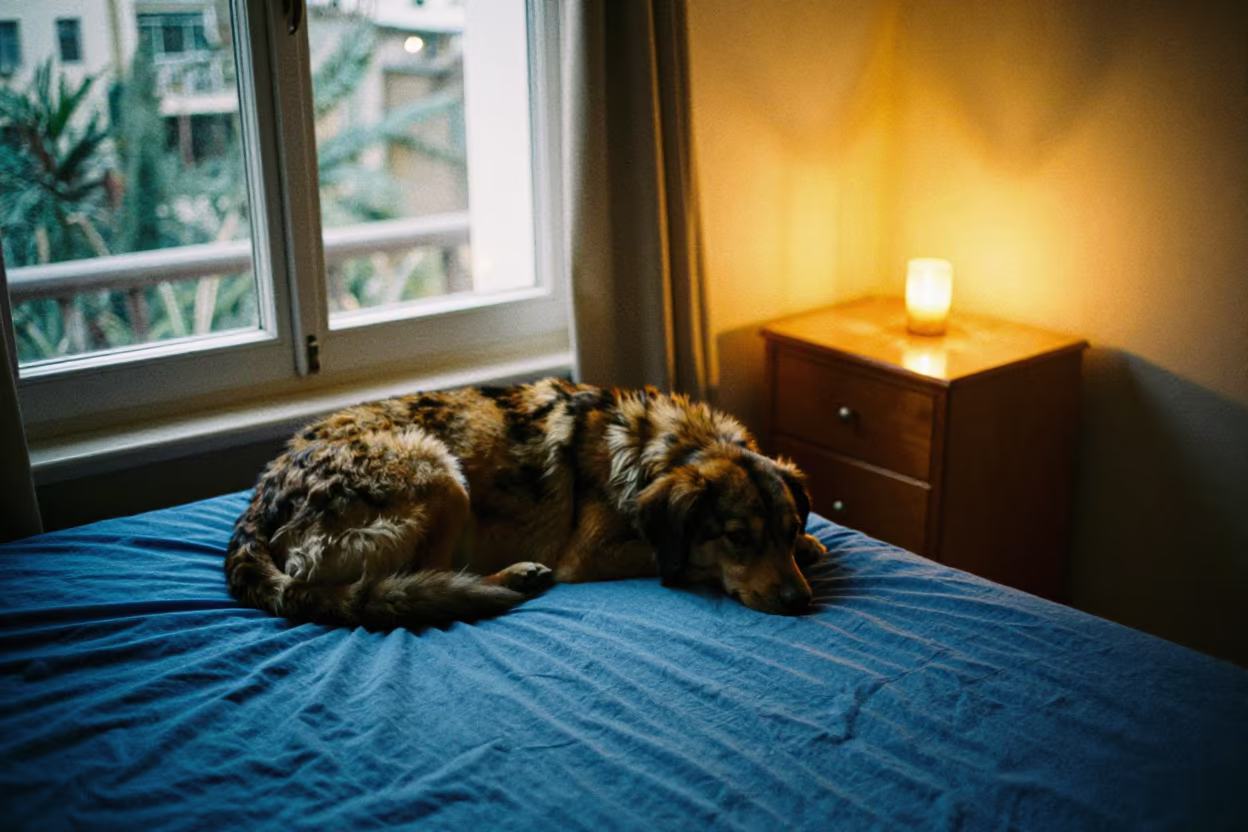 Drever Dog Resting on Bedspread Near Window in on a bedspread near a bright window with calm indoor light near Ramat Gan