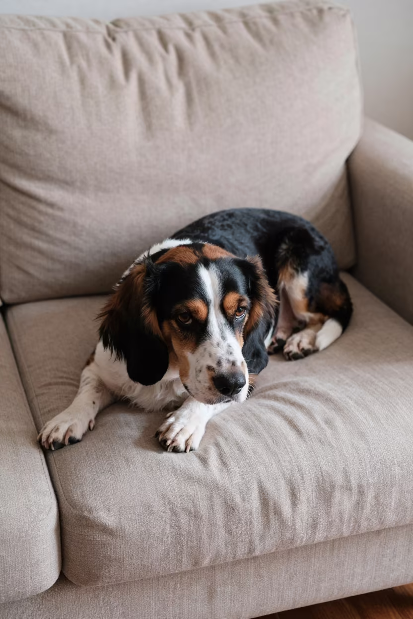 Drever Dog Resting on Linen Sofa in Soweto in on a linen sofa with daylight from a nearby window in Soweto