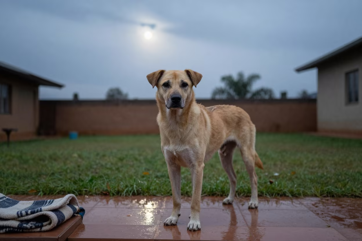 Drever Dog Standing In Rainy Dawn Yard in in a small yard with clipped grass, calm light, and the animal centered in frame in Morogoro