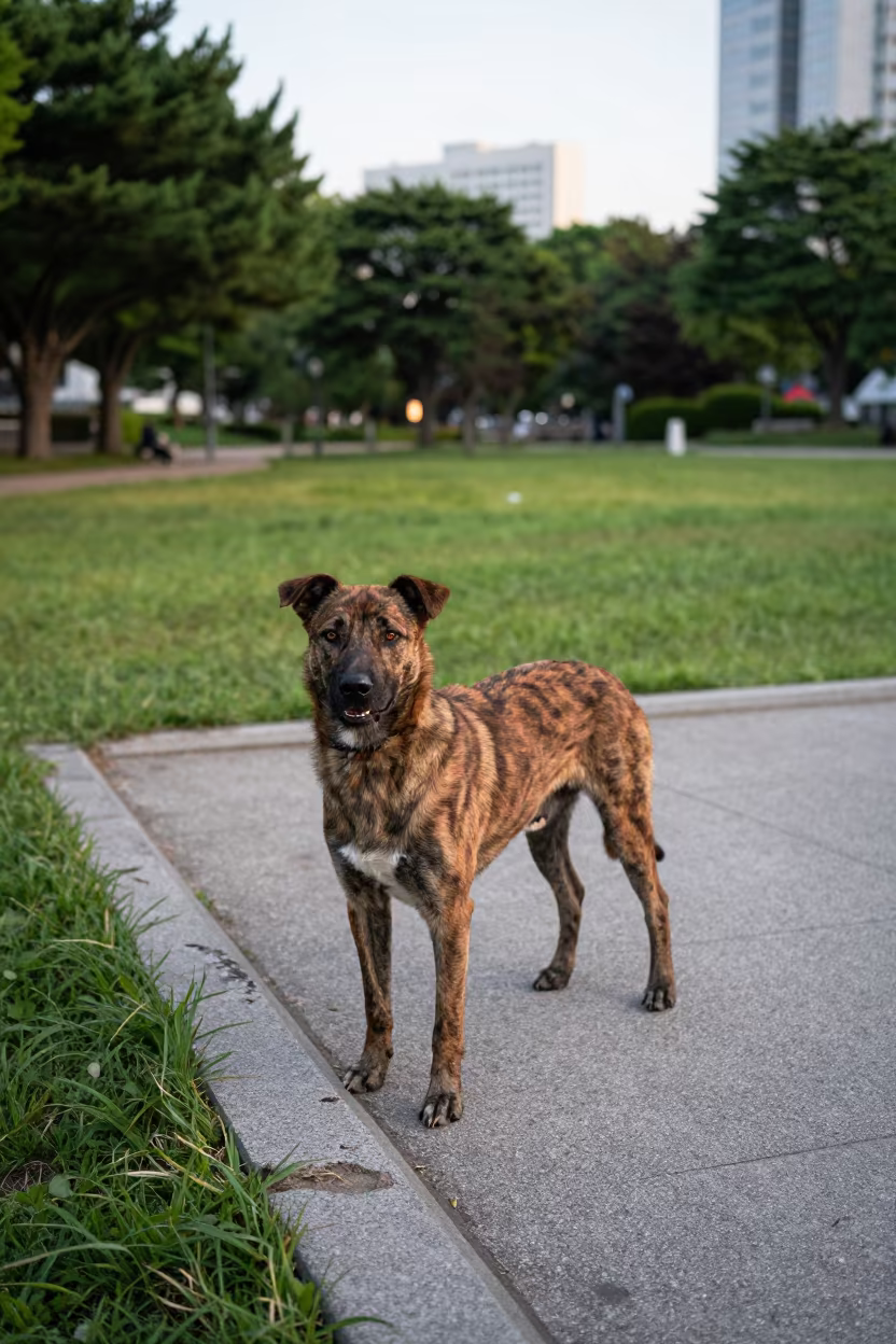 Drever Dog Standing Quietly in Busan Park in along a quiet park path with soft open shade and a clean background near Nampo-dong, Busan
