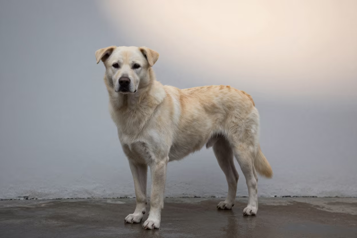 Drever Portrait Beside Ho Chi Minh Courtyard Wall in beside a plain courtyard wall in clear daylight with the animal at eye level in District 3, Ho Chi Minh City