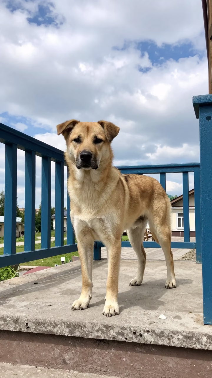 Drever Portrait on Shaded Kharkiv Porch in on a shaded front porch with boards, railings, and eye-level framing in Kharkiv