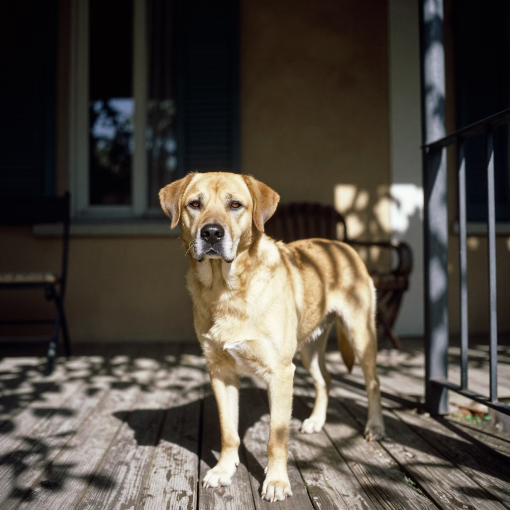 Drever Portrait on Shaded Toulouse Porch in on a shaded front porch with boards, railings, and eye-level framing in Toulouse