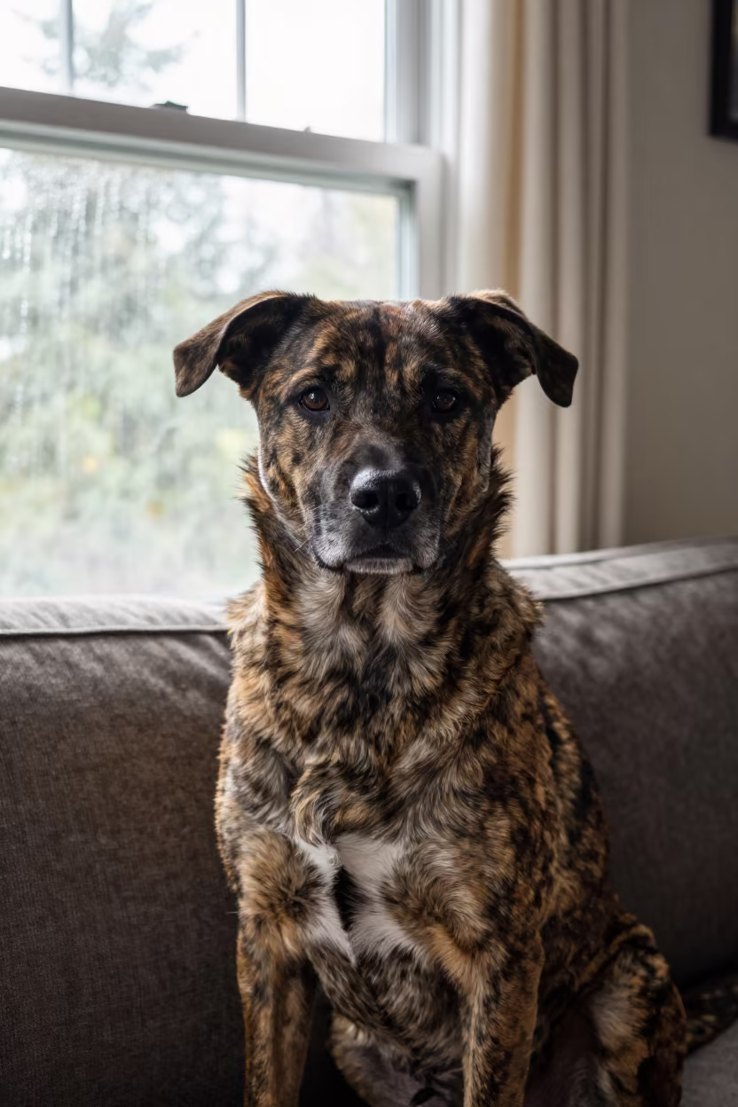 Drever Portrait on Sofa Near Window in on a sofa near a curtained window with calm indoor light in Vancouver