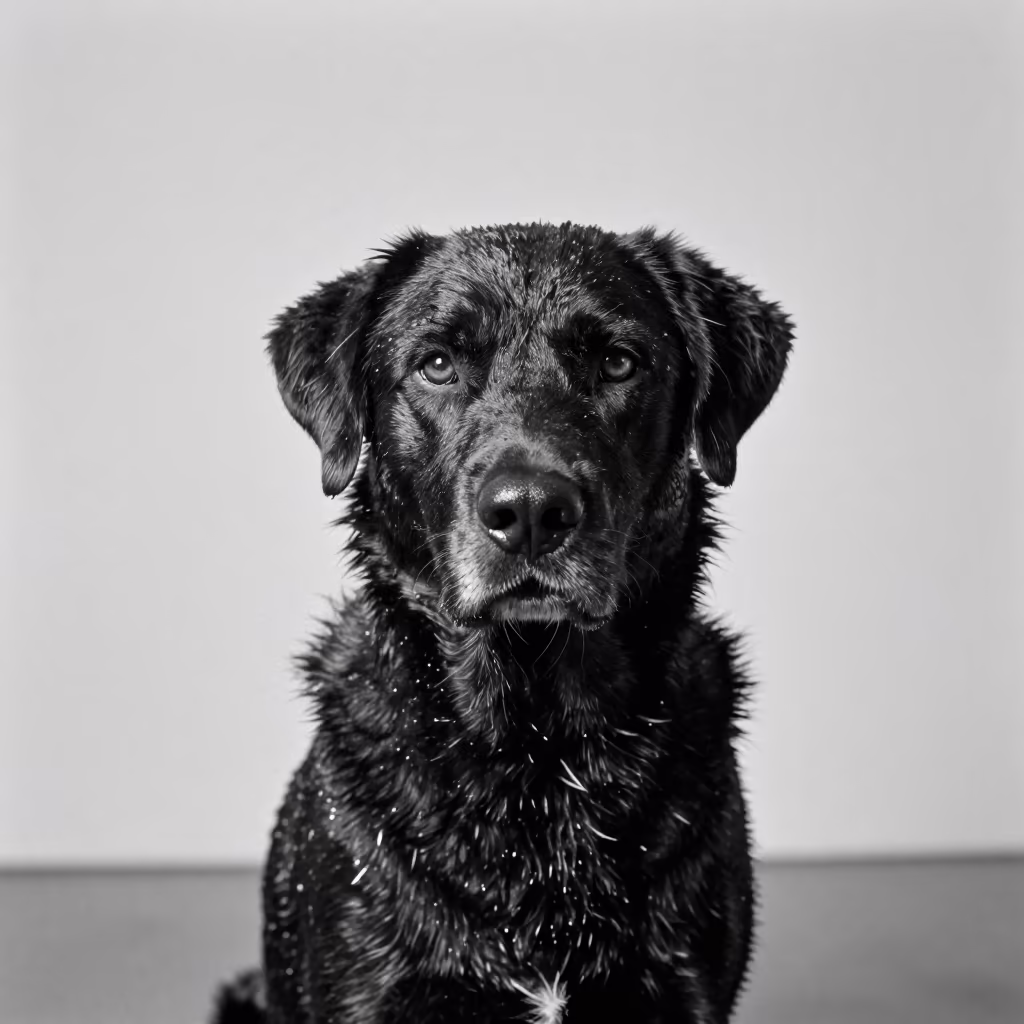 Drever Portrait With Wet Season Coat in in a quiet portrait studio with a plain backdrop and eye-level framing near Santa Teresa del Tuy