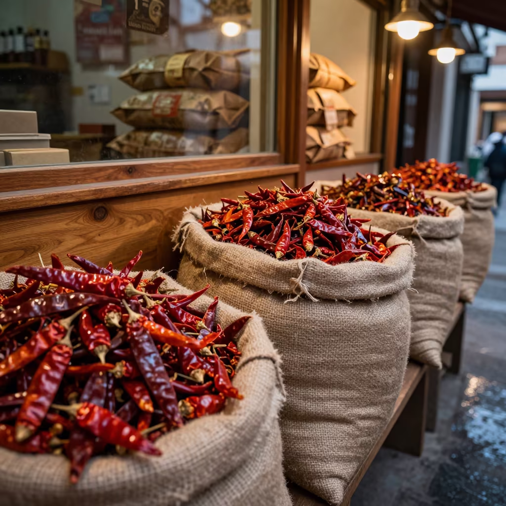 Dried Chili Bags on Winter Market Counter Oviedo in on a grocer's counter with stacked paper sacks in Oviedo