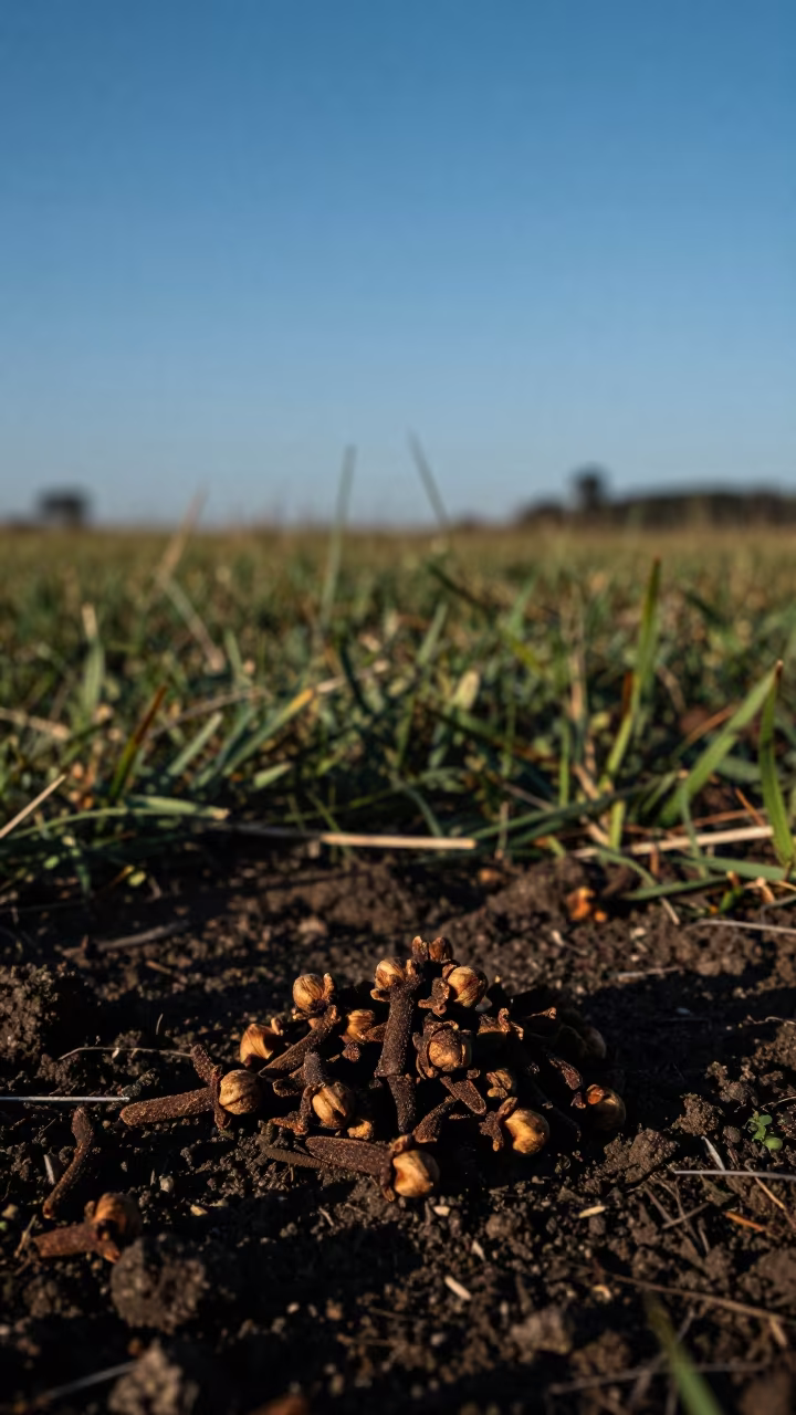 Dried Clove Buds in Dawn Shadow Rim Light in in a bloom-heavy meadow near Nairobi