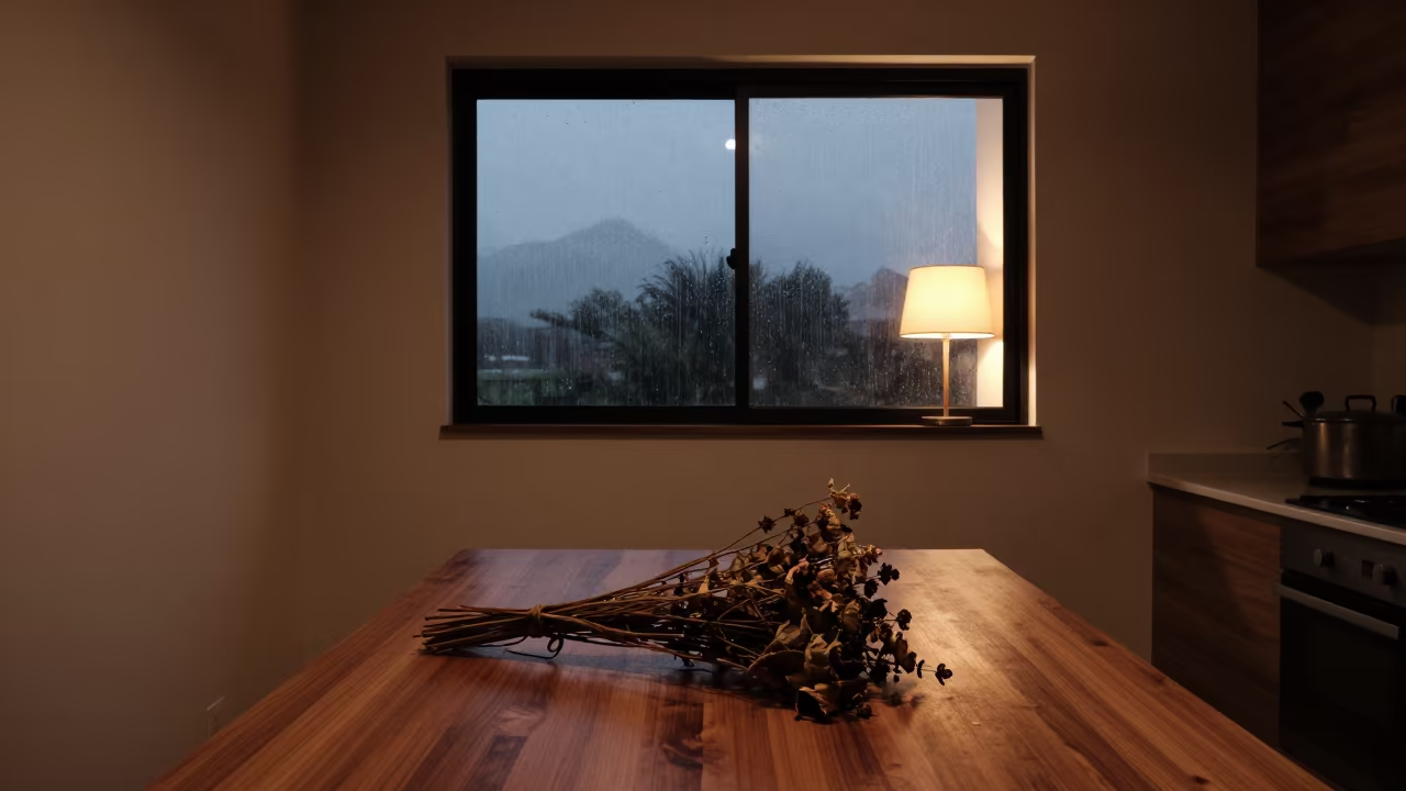 Dried Flowers on Hall Table at Twilight in in a cozy kitchen in Mirpur