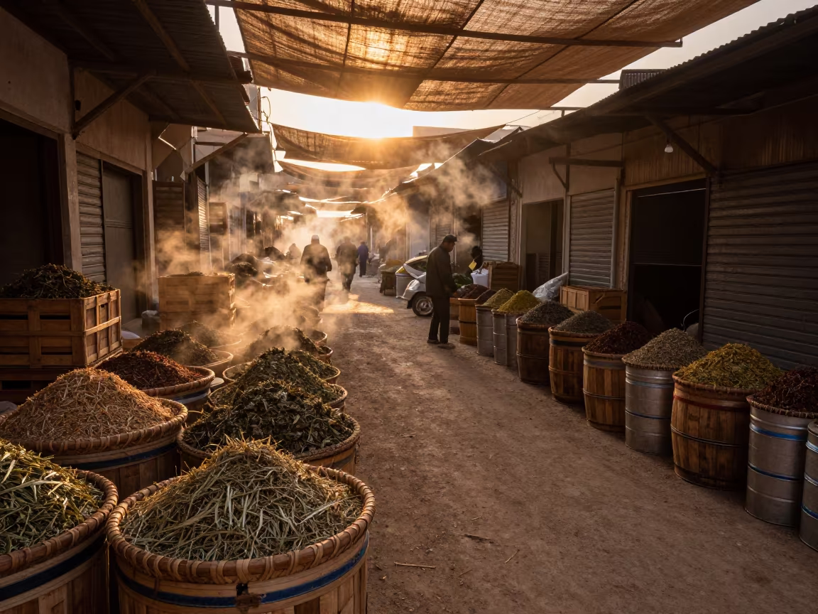 Dried Herb Barrels in Karbala Bazaar in under a market canopy in Karbala
