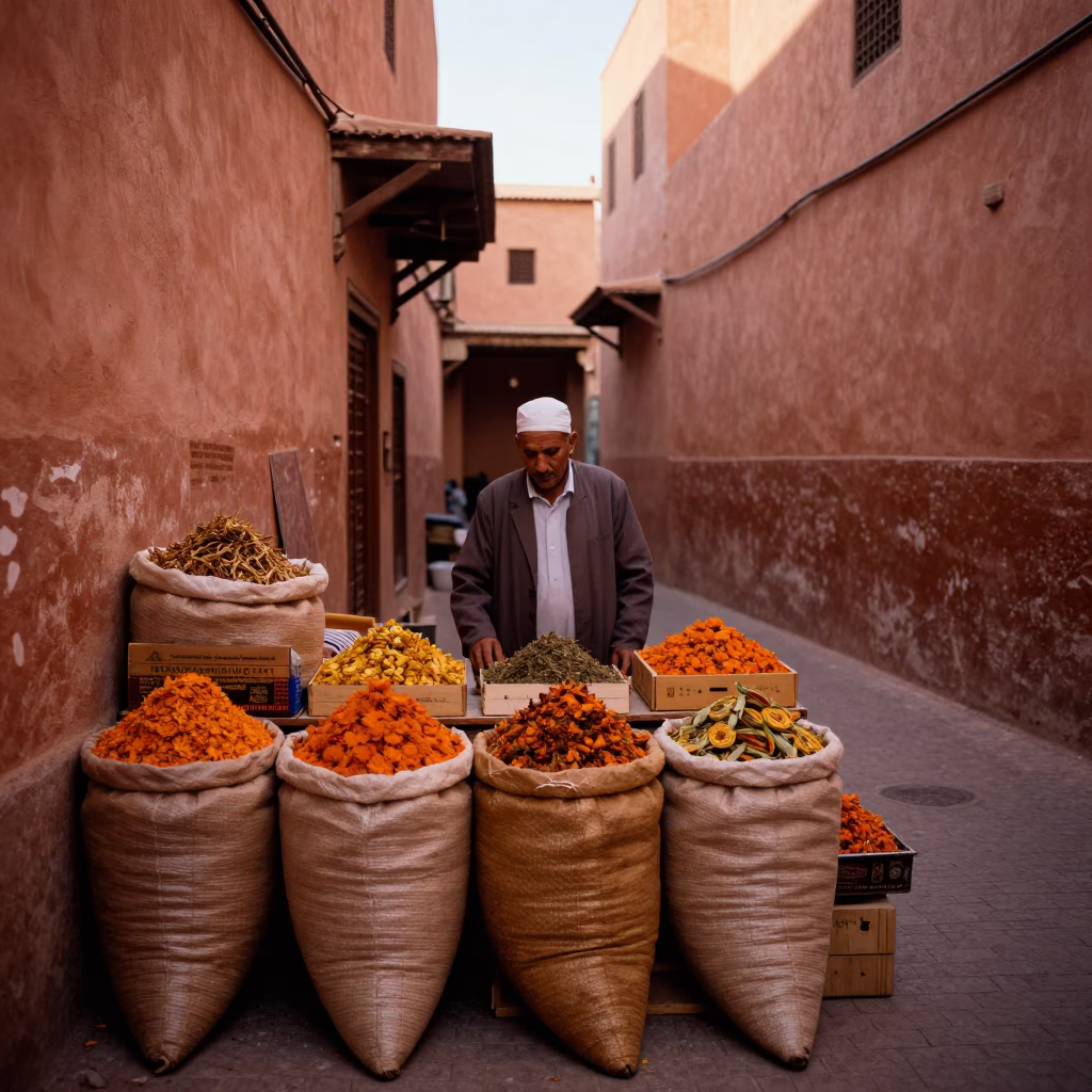 Dried Herbs in Marrakech at Copper-toned Light Before Dusk in in Marrakech, Morocco