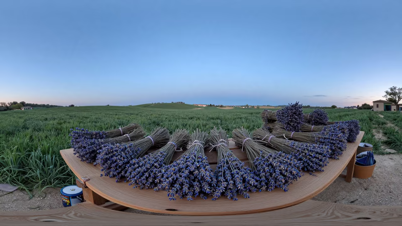 Dried Lavender Bundles at Italian Meadow Market in in a bloom-heavy meadow in Italy