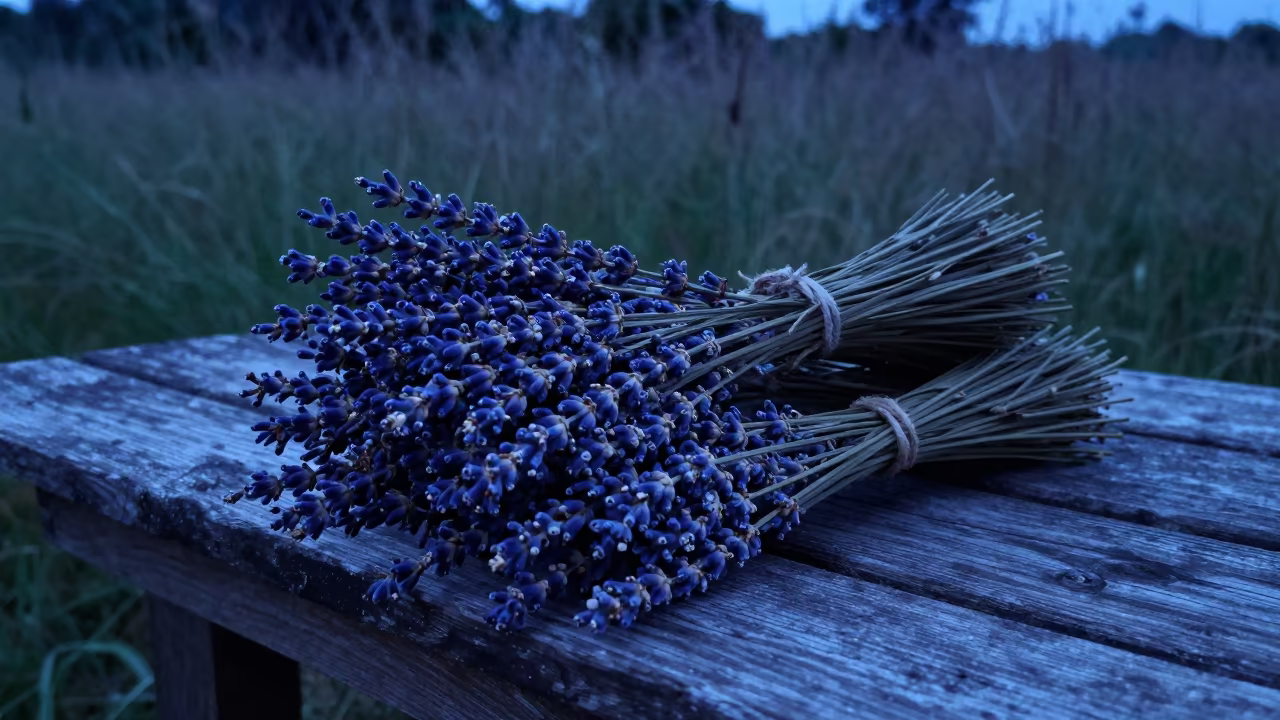 Dried Lavender Bundles on Twilight Table in in a bloom-heavy meadow near Latakia
