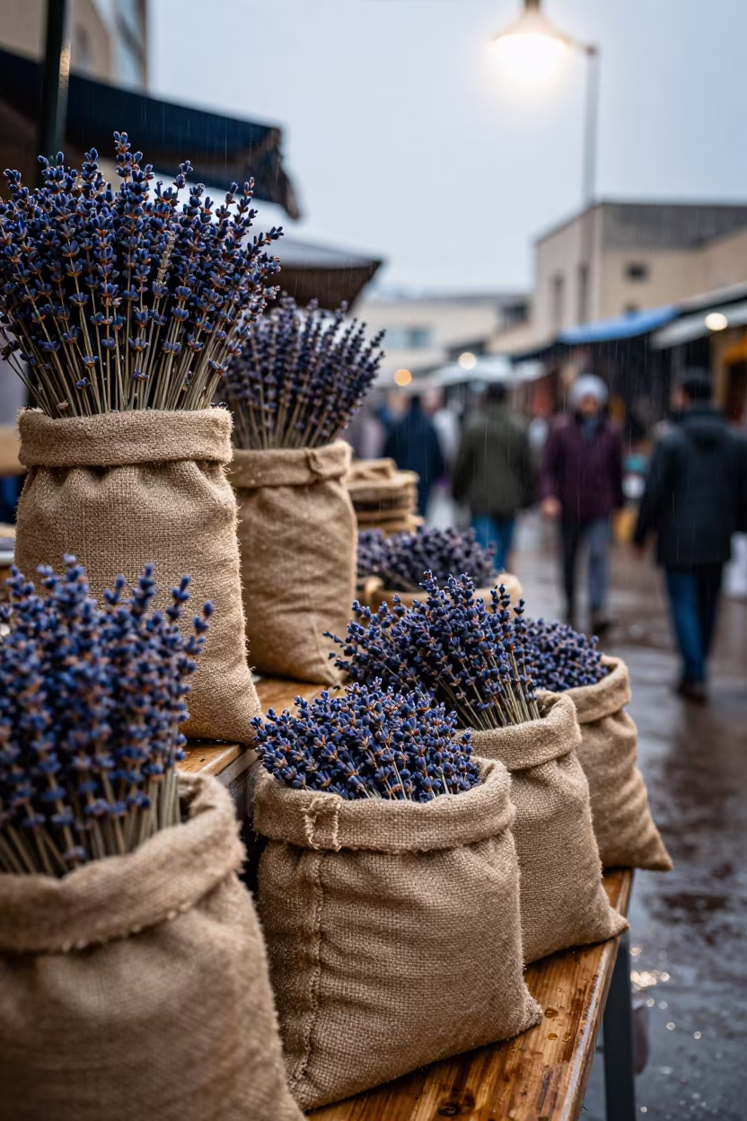 Dried Lavender Sachets at Kuwait Winter Market in at a spice vendor's table in Kuwait City