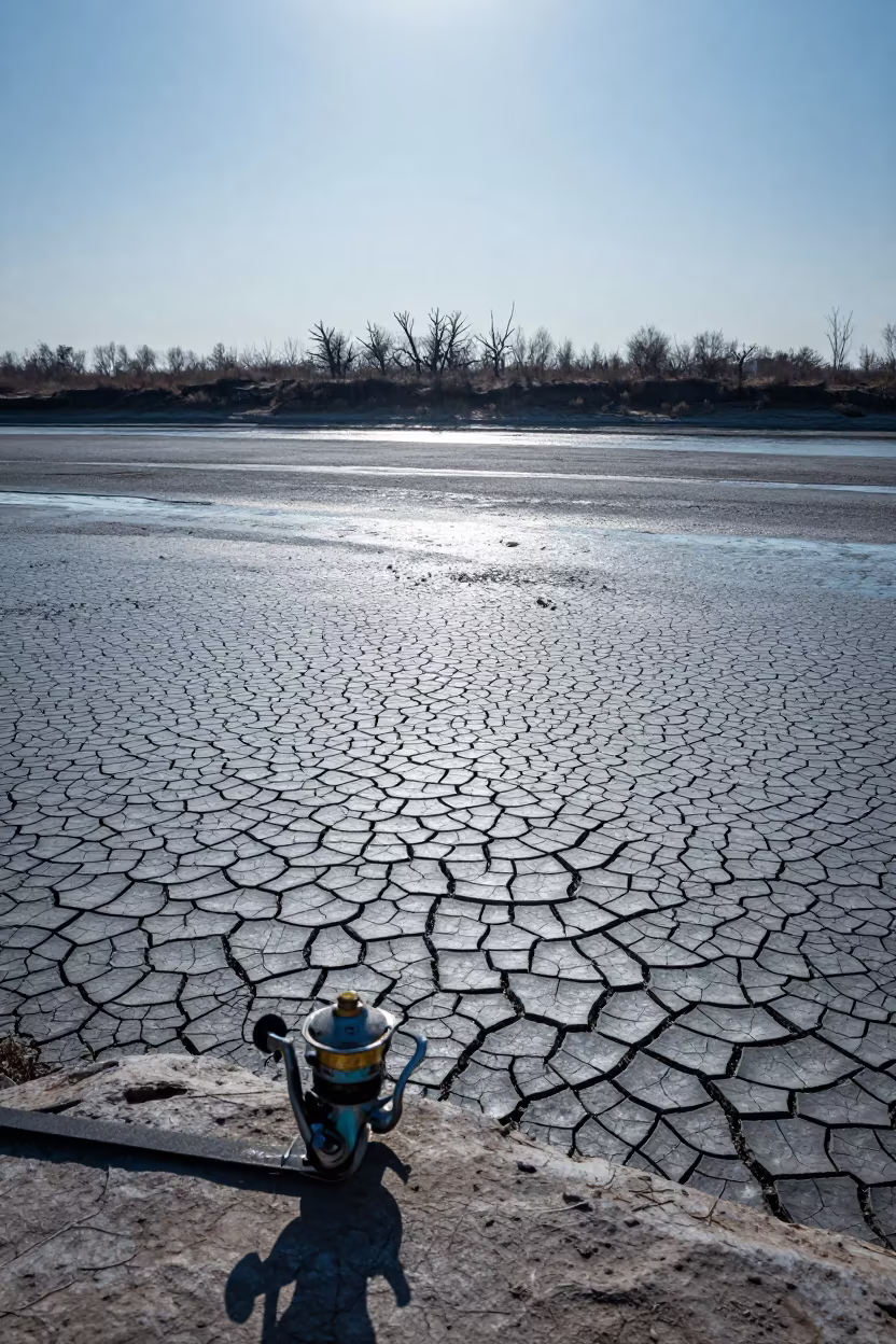 Dried Mud Cracks on Chinese Riverbed Dawn in from a rocky overlook in China