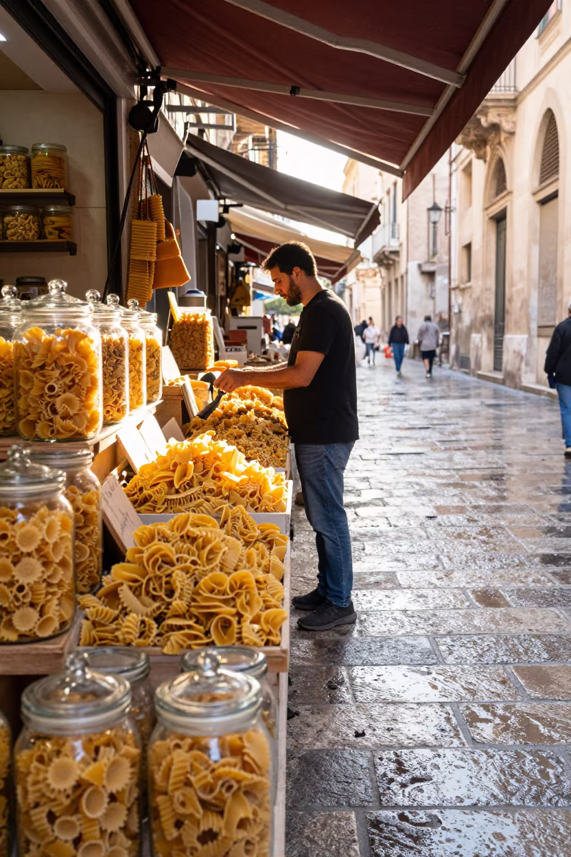 Dried Pasta Jars in Palermo Market Dawn Light in in a covered bazaar aisle in Palermo
