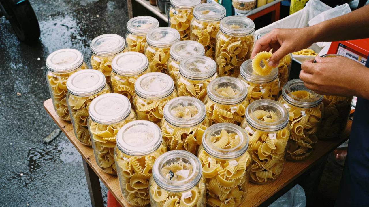 Dried Pasta Jars Vendor Xiamen Market in in a flea market lane in Xiamen