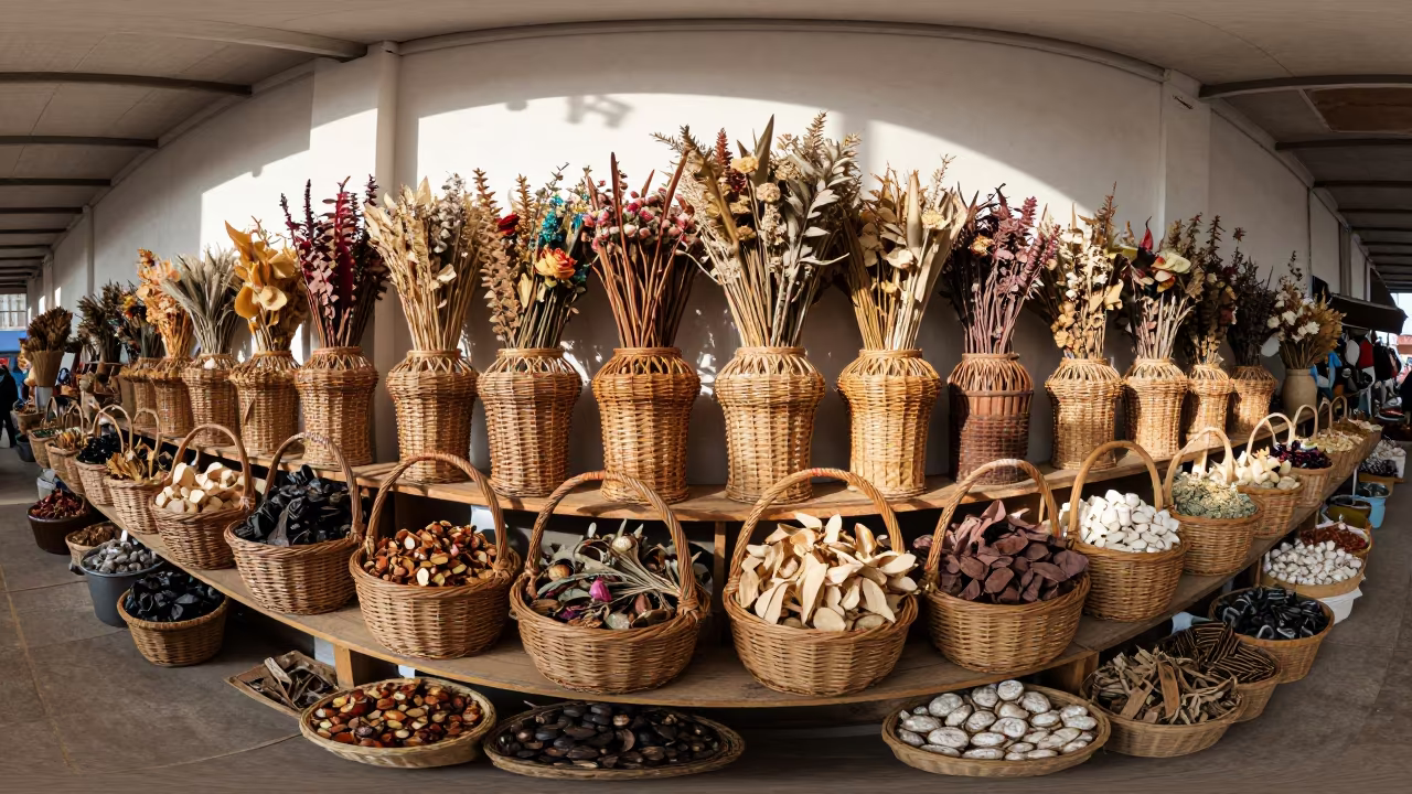 Dried Potpourri in Wicker Baskets at Lanzhou Market in on a wooden shelf inside a covered market in Lanzhou
