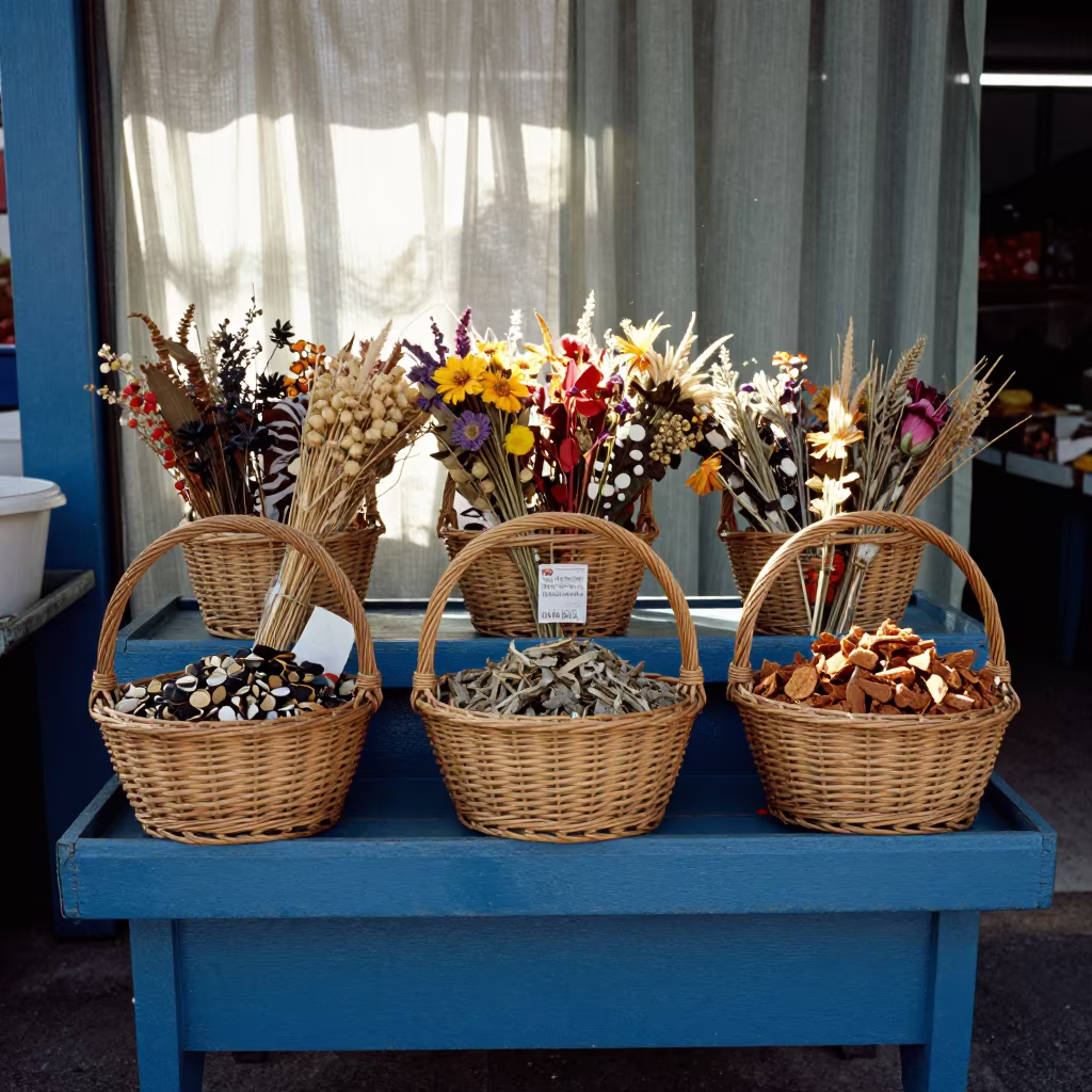 Dried Potpourri in Wicker Baskets at Market in on a painted produce display table near Ciudad Guayana
