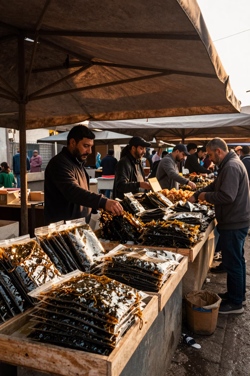 Dried Seaweed Packets at Damanhur Market Counter in under a market canopy in Damanhur