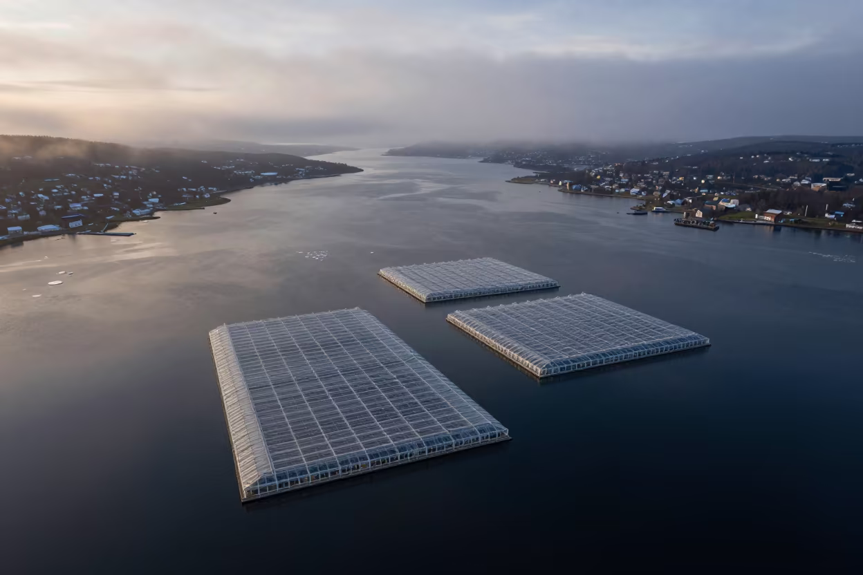 Drifting Ice Floes Over Oslo Greenhouse Valleys in high over greenhouse grids near Oslo