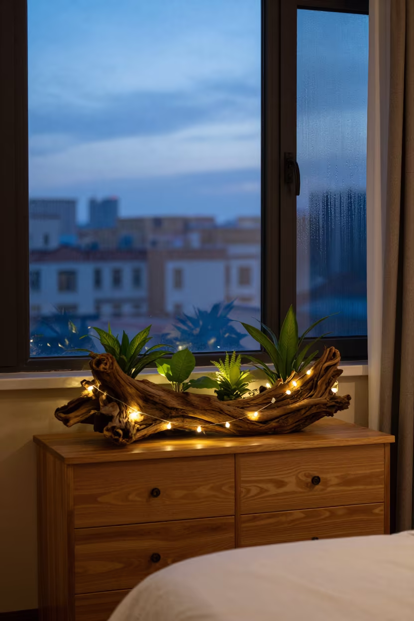 Driftwood Aquascape Bin Hotel Room Blue Hour in on a hotel dresser near Changchun