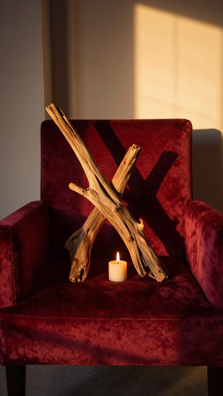 Driftwood Aquascape on Velvet Chair Sunset in on a velvet chair in Douma