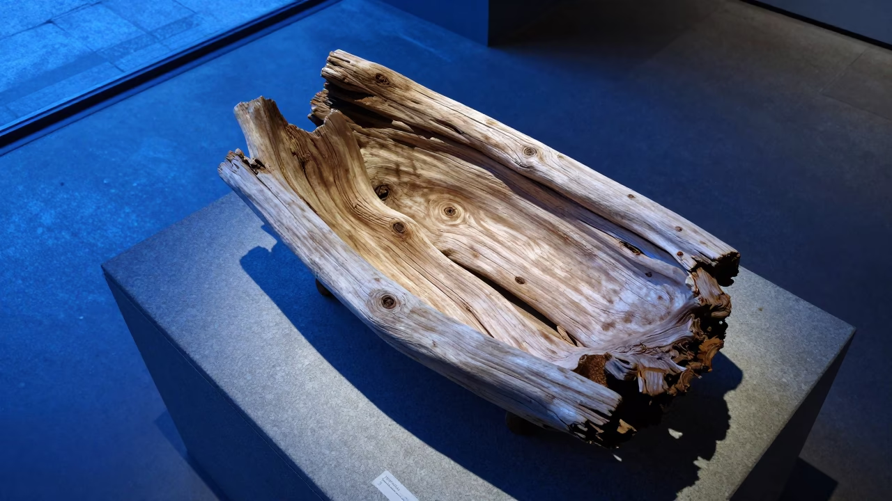 Driftwood Bin on Museum Plinth in Blue Hour Light in on a museum plinth near Barrio Sur, Montevideo