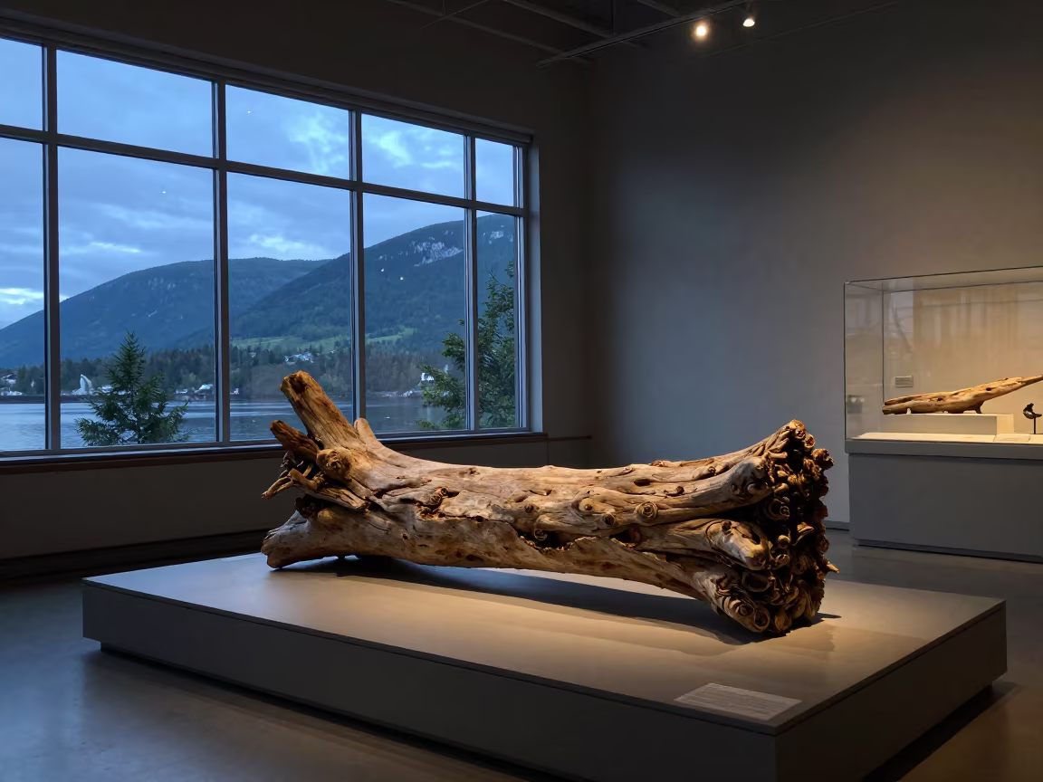 Driftwood Bin on Museum Plinth Juneau Evening in on a museum plinth in Juneau